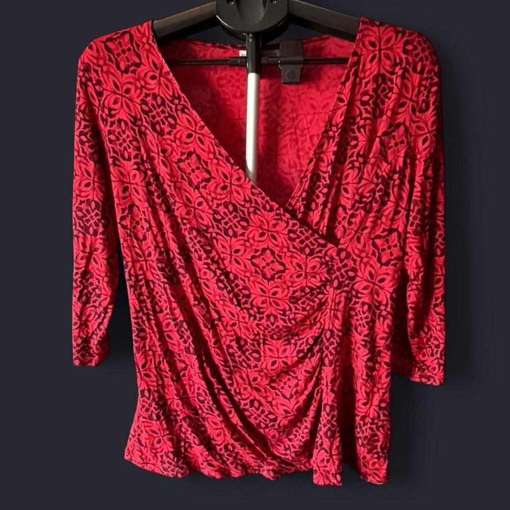 Dana Buchman Red Floral Wrap-Style Long Sleeve Top